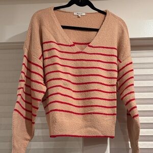 Madewell pink and light pink/tan Striped V-Neck Sweater. Small